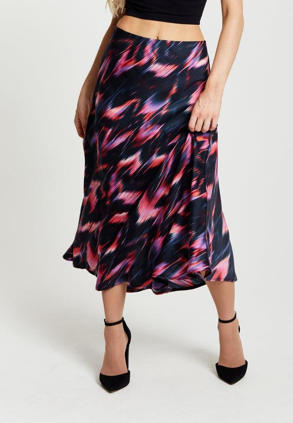 Liquorish Women's Black and Pink Abstract Feather Print Midi Skirt with High Waist and Elasticated Waistband by Liquorish