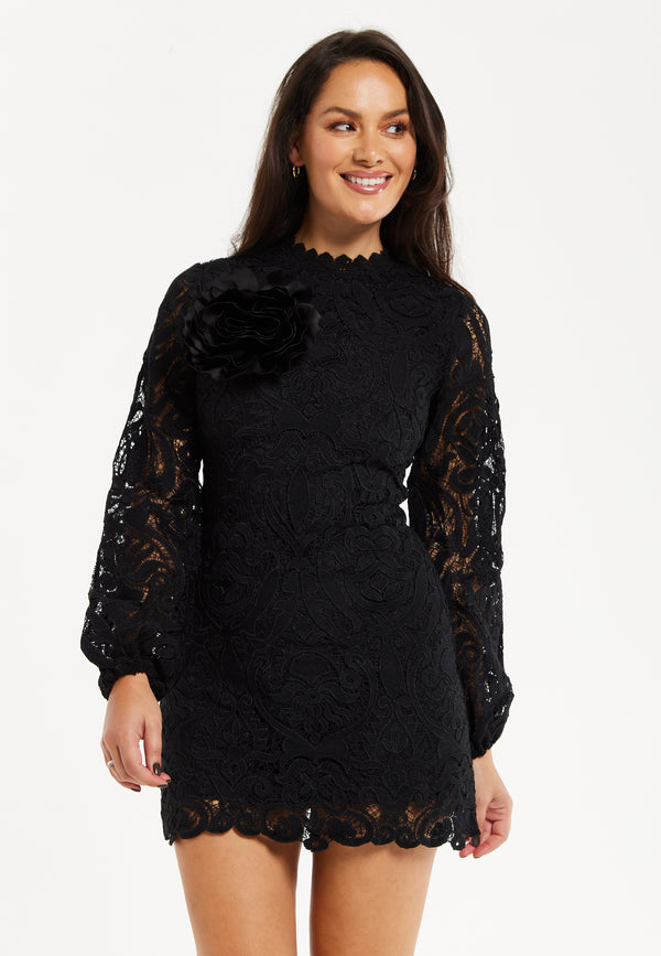 Liquorish Women's Black Lace Mini Dress With Balloon Sleeves And Flower Detail - Elegant Floral Embellishment High Neckline
