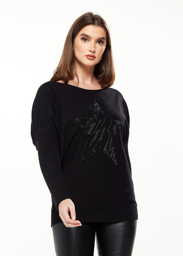 Liquorish Women's Black Long Sleeve Jumper with Sparkly Zebra Star - Divine Grace