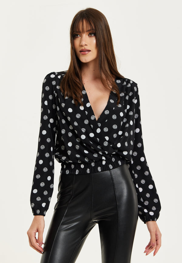 Liquorish Women's Black Polka Dot Print Wrap Top With Long Sleeves Crossover Front V Neck And Elasticated Waist