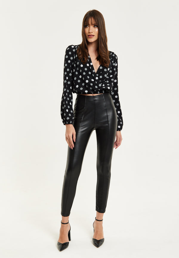 Liquorish Women's Black Polka Dot Print Wrap Top With Long Sleeves Crossover Front V Neck And Elasticated Waist