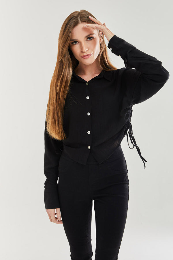 Liquorish Women's Black Tie Side Blouse - Classic Style Full Length Sleeve Regular Fit Available in UK Sizes 8-12