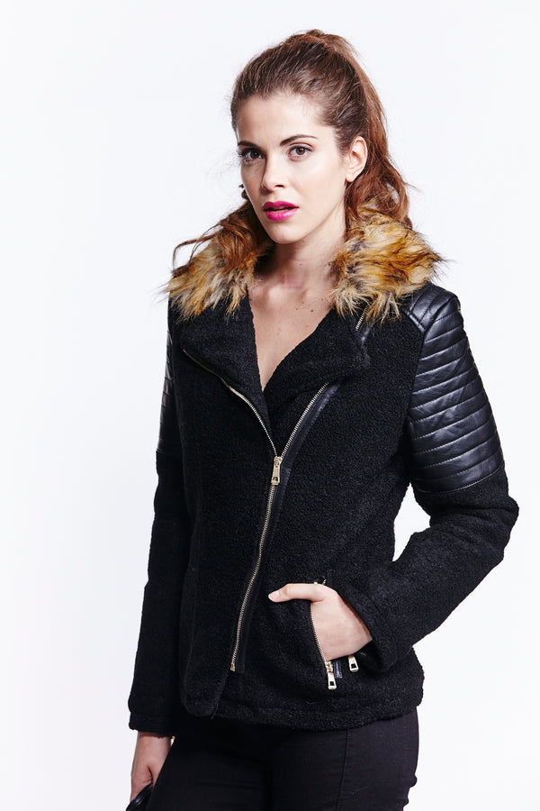 Liquorish Women's Black Wool Biker Jacket With Long Sleeves And Fur Trim Collar - Liquorish