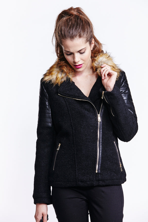 Liquorish Women's Black Wool Biker Jacket With Long Sleeves And Fur Trim Collar - Liquorish