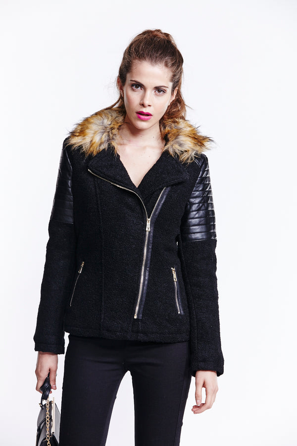 Liquorish Women's Black Wool Biker Jacket with Long Sleeves and Fur Trim Collar - Liquorish