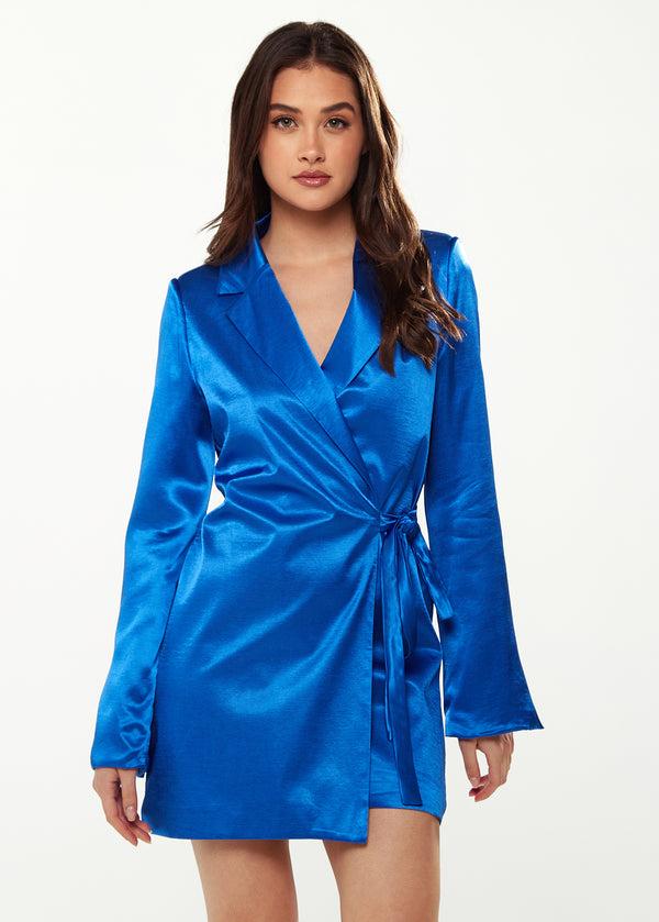 Liquorish Women's Blazer Dress In Bold Blue Satin With Slit Sleeves And Unique Waist Tie - Exclusive Liquorish