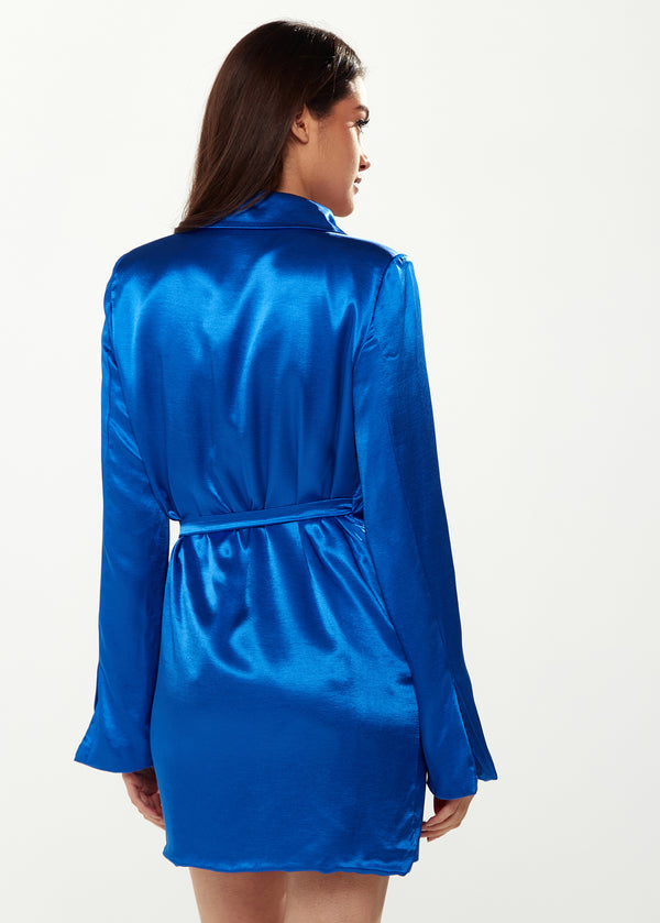 Liquorish Women's Blazer Dress In Bold Blue Satin With Slit Sleeves And Unique Waist Tie - Exclusive Liquorish