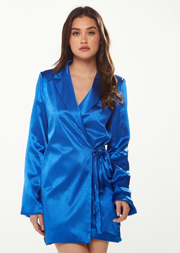 Liquorish Women's Blazer Dress in Bold Blue Satin with Slit Sleeves and Unique Waist Tie - Exclusive Liquorish