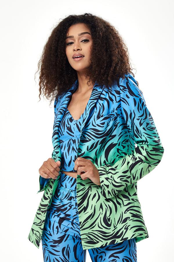 Liquorish Women's Blazer in Blue and Green Ombre Zebra Print with Padded Shoulders - Liquorish