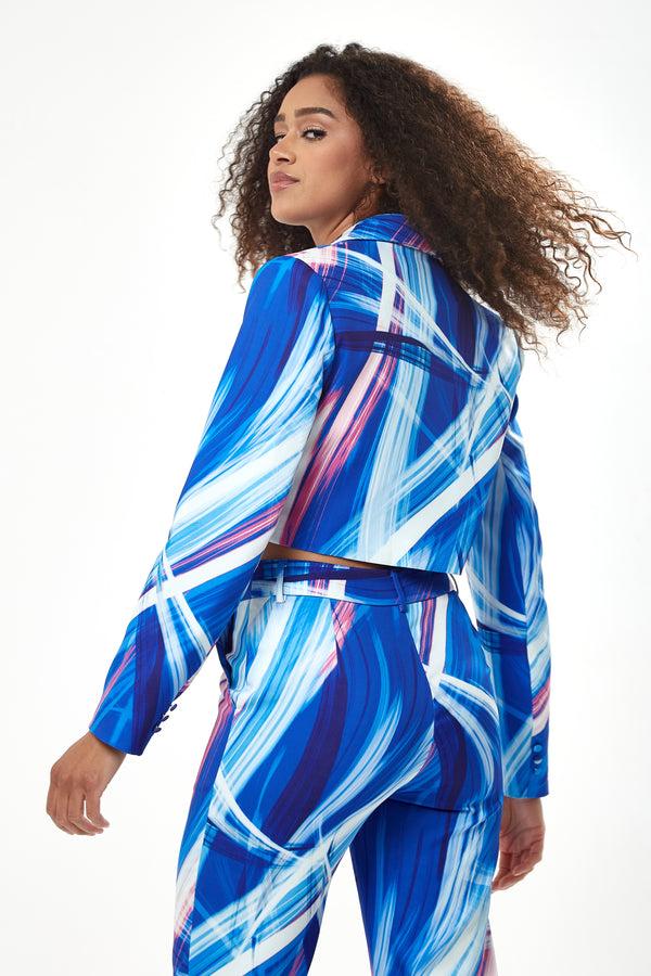 Liquorish Women's Blazer In Blue White & Pink Graphic Print With Large Lapel Cropped Style & Padded Shoulders - Liquorish