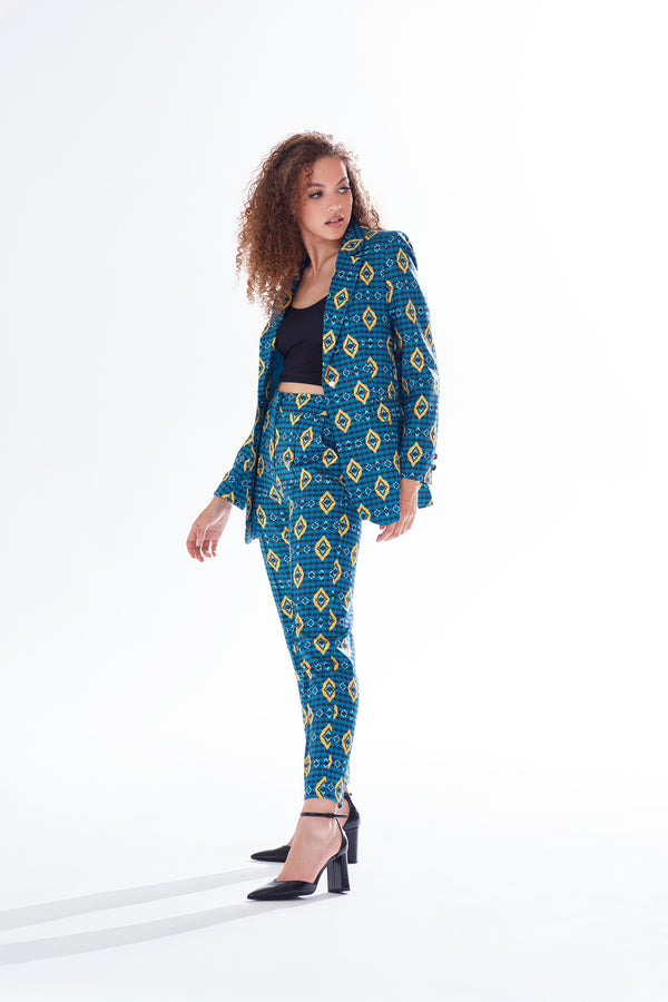 Liquorish Women's Blazer In Blue Yellow & Navy With Geometric Pattern Tailored Fit 1 Button Closure Liquorish