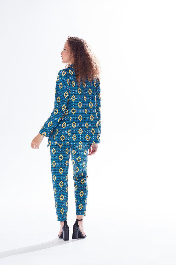 Liquorish Women's Blazer In Blue Yellow & Navy With Geometric Pattern Tailored Fit 1 Button Closure Liquorish