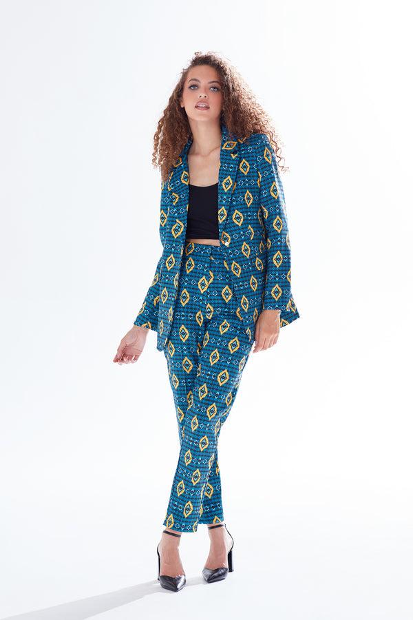 Liquorish Women's Blazer in Blue Yellow & Navy with Geometric Pattern Tailored Fit 1 Button Closure Liquorish