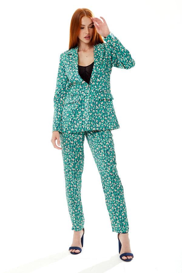 Liquorish Women's Blazer In Green With Padded Shoulders And All-Over Stroke Print - Liquorish