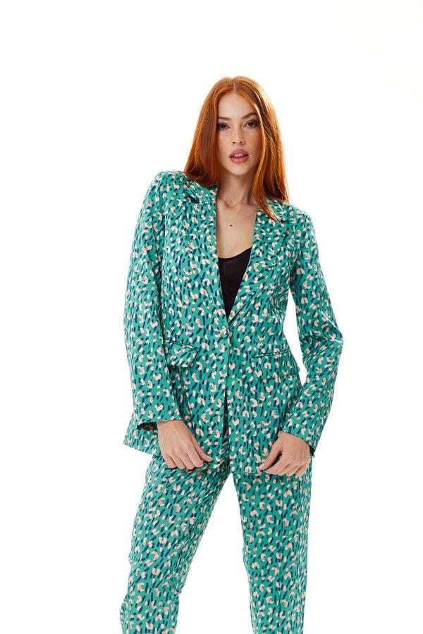 Liquorish Women's Blazer In Green With Padded Shoulders And All-Over Stroke Print - Liquorish