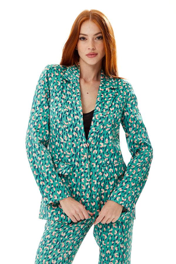 Liquorish Women's Blazer in Green with Padded Shoulders and All-Over Stroke Print - Liquorish