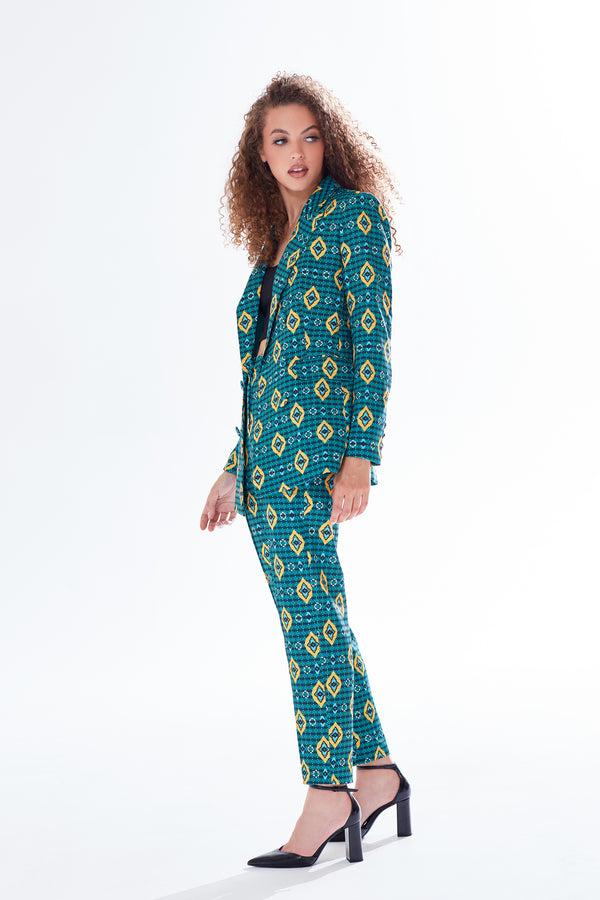 Liquorish Women's Blazer In Green Yellow & Navy With Tailored Fit Geometric African Print - Liquorish