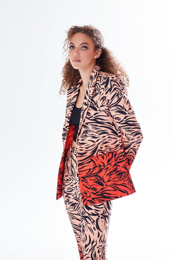 Liquorish Women's Blazer In Orange With Zebra Print Relaxed Fit And Padded Shoulders - Liquorish