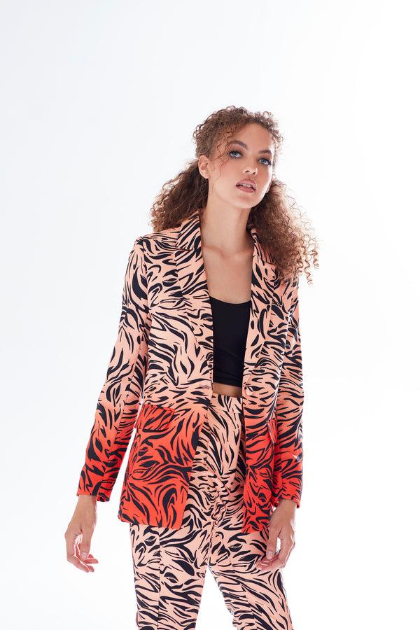 Liquorish Women's Blazer In Orange With Zebra Print Relaxed Fit And Padded Shoulders - Liquorish