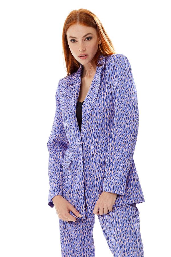 Liquorish Women's Blazer in Purple with Stroke Print Relaxed Fit Padded Shoulders Liquorish