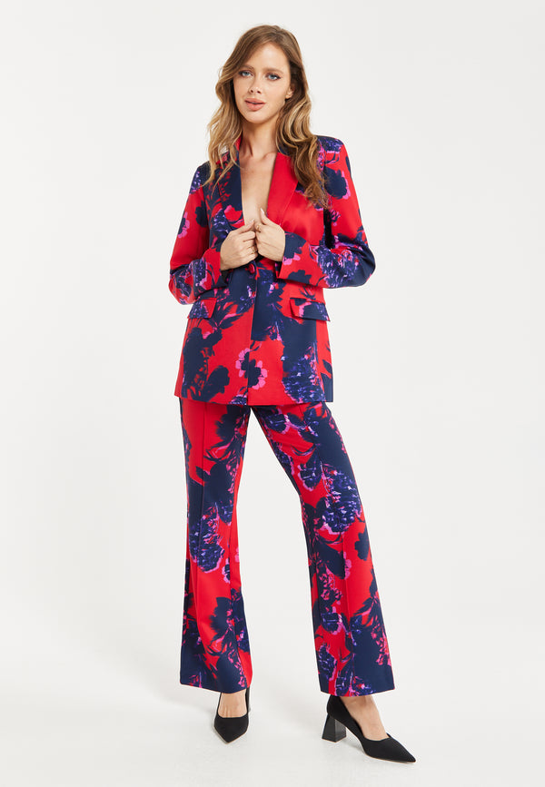 Liquorish Women's Blazer - Red Floral Print Regular Fit Peaked Lapels Single Button Fastening Liquorish