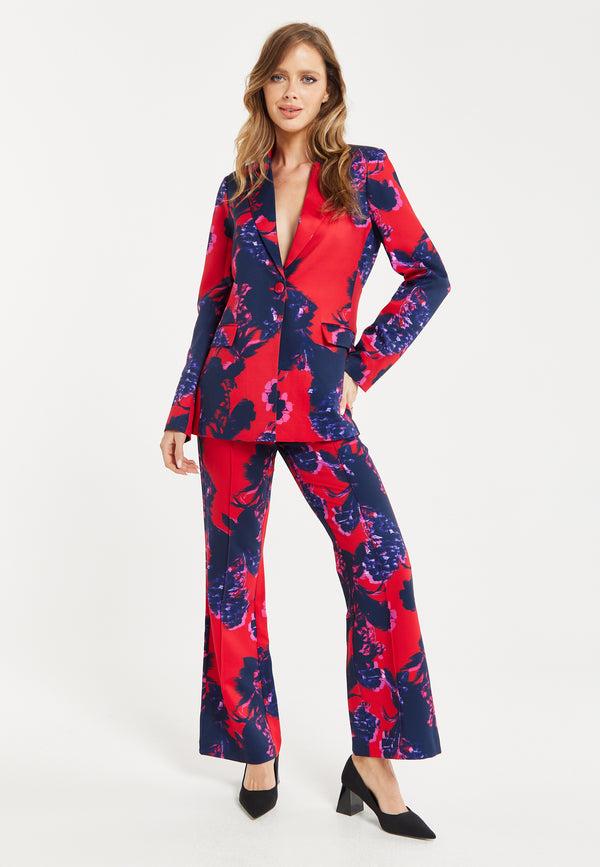Liquorish Women's Blazer - Red Floral Print Regular Fit Peaked Lapels Single Button Fastening Liquorish