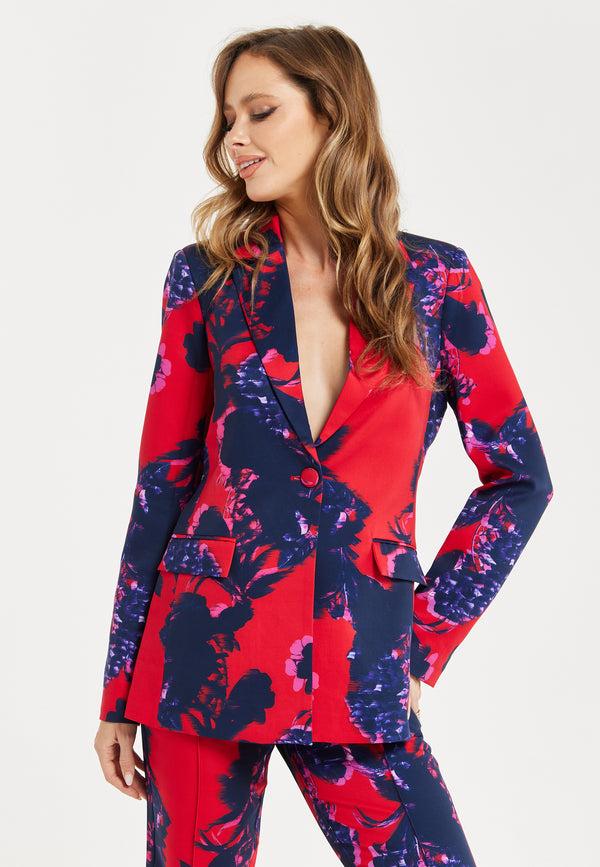 Liquorish Women's Blazer - Red Floral Print Regular Fit Peaked Lapels Single Button Fastening Liquorish
