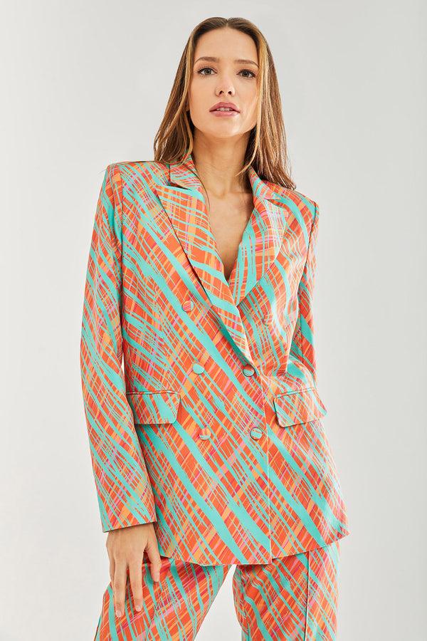 Liquorish Women's Blazer - Relaxed Orange Scribble Print with Padded Shoulders Co-ord Set Liquorish