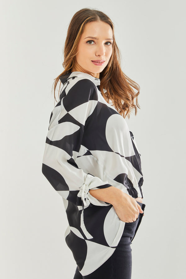 Liquorish Women's Blouse With Oversized Polka Stripe Pattern In Black & White Full Length Sleeve Elastic Tie Back Waist Stylish Detail