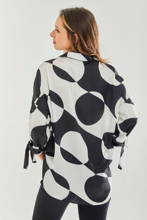 Liquorish Women's Blouse With Oversized Polka Stripe Pattern In Black & White Full Length Sleeve Elastic Tie Back Waist Stylish Detail