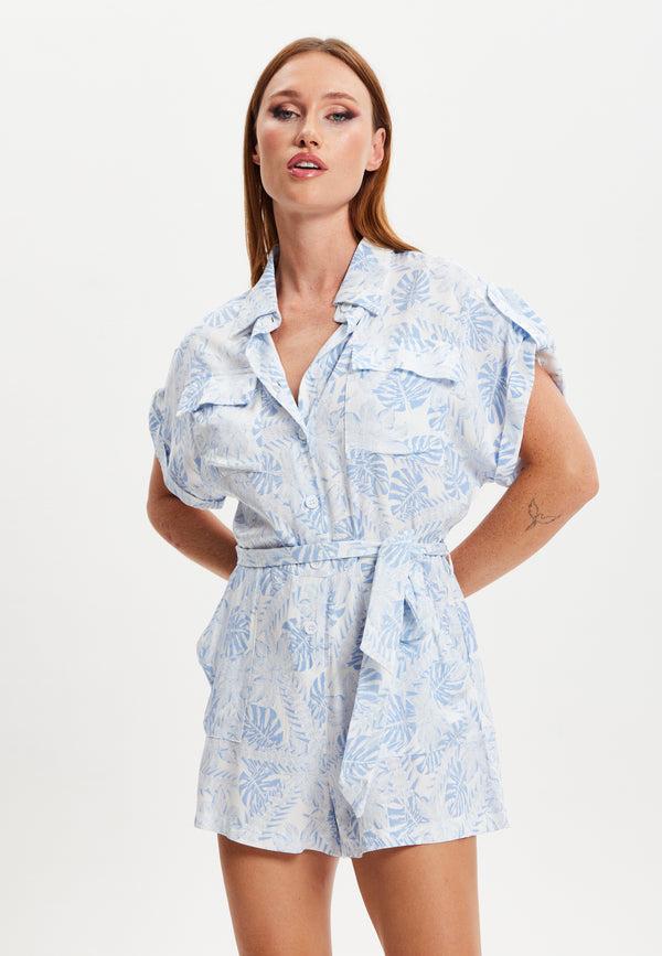 Liquorish Women's Blue Leaf Printed Playsuit With Button Down Short Sleeve Front & Side Pockets Loose Fit Casual Style