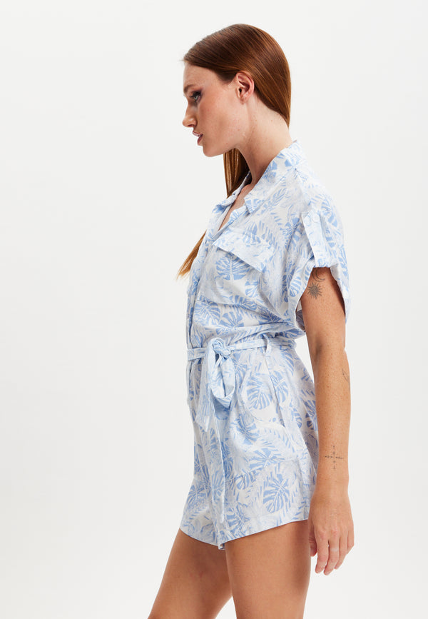 Liquorish Women's Blue Leaf Printed Playsuit With Button Down Short Sleeve Front & Side Pockets Loose Fit Casual Style