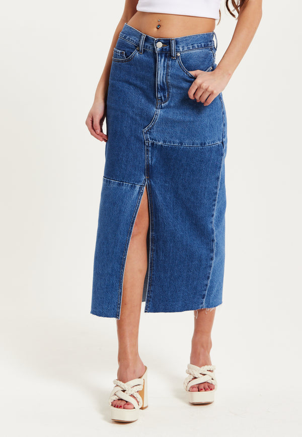 Liquorish Women's Blue Slit Front Midi Skirt With Belt Loops - 100% Cotton Stylish & Comfortable By Liquorish