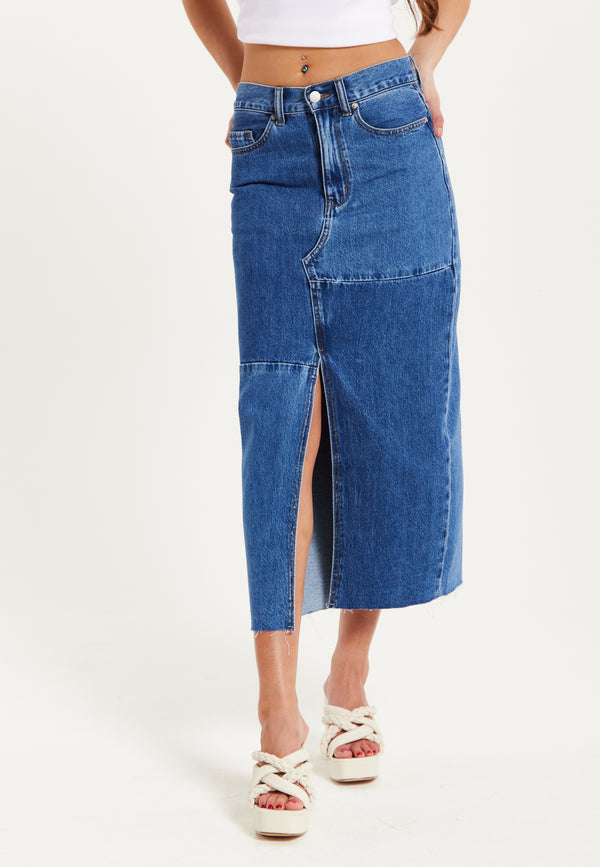 Liquorish Women's Blue Slit Front Midi Skirt With Belt Loops - 100% Cotton Stylish & Comfortable By Liquorish