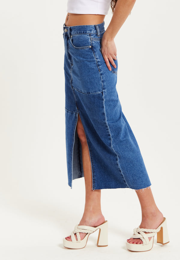 Liquorish Women's Blue Slit Front Midi Skirt With Belt Loops - 100% Cotton Stylish & Comfortable By Liquorish