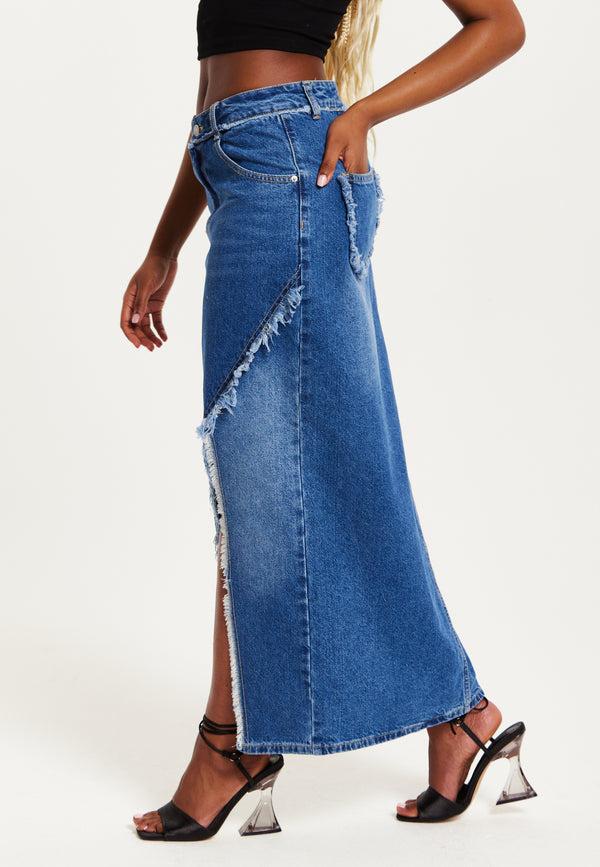 Liquorish Women's Blue Wrap Front Maxi Denim Skirt With Slit Detail And Belt Loops - 100% Cotton By Liquorish
