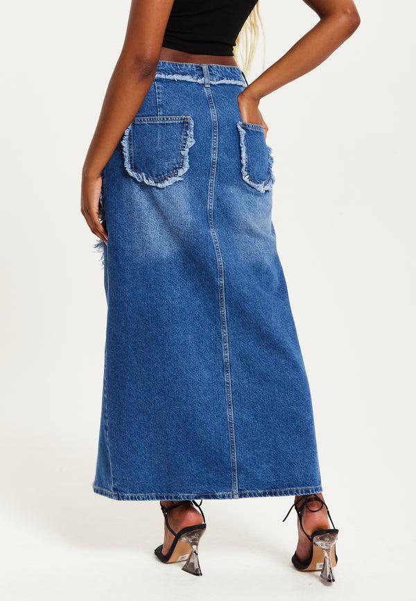 Liquorish Women's Blue Wrap Front Maxi Denim Skirt With Slit Detail And Belt Loops - 100% Cotton By Liquorish