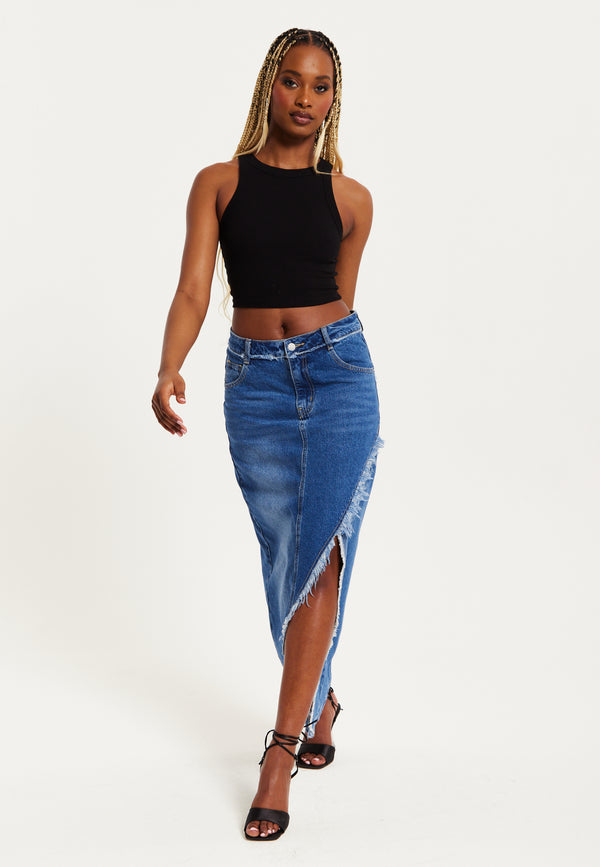 Liquorish Women's Blue Wrap Front Maxi Denim Skirt with Slit Detail and Belt Loops - 100% Cotton by Liquorish