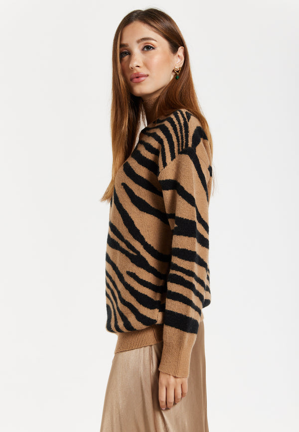 Liquorish Women's Brown And Black Zebra Pattern High Neck Jumper With Long Sleeves And Relaxed Fit