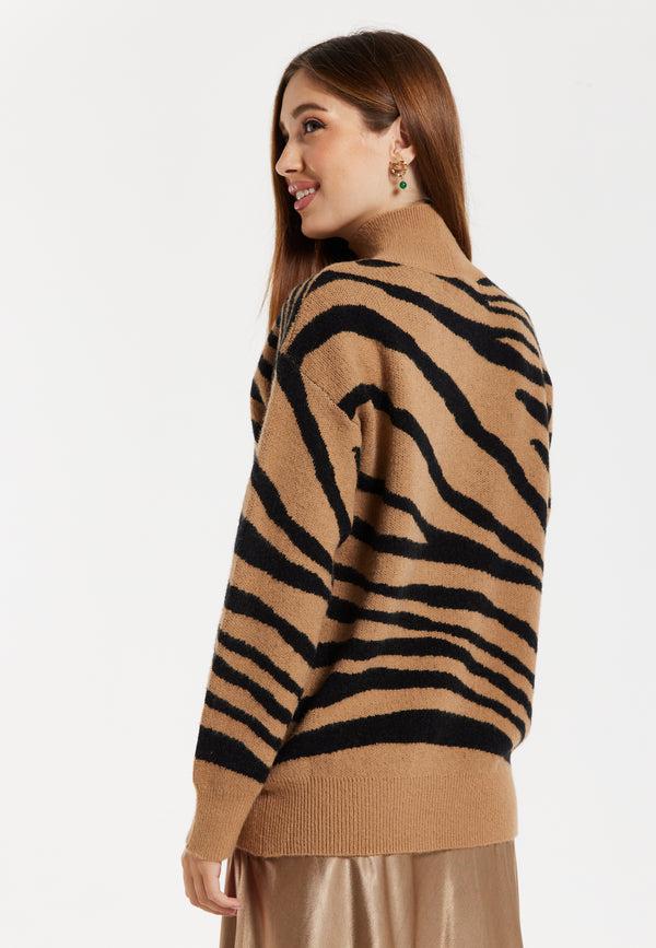 Liquorish Women's Brown And Black Zebra Pattern High Neck Jumper With Long Sleeves And Relaxed Fit