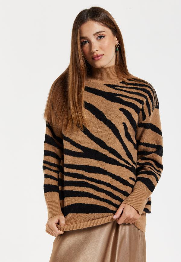 Liquorish Women's Brown and Black Zebra Pattern High Neck Jumper with Long Sleeves and Relaxed Fit