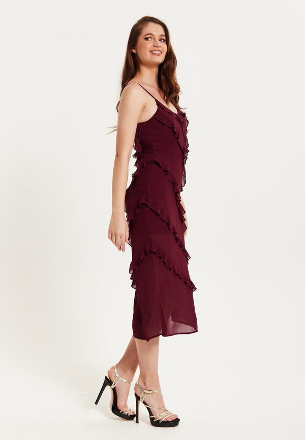 Liquorish Women's Burgundy Sleeveless Chiffon Frill Midi Dress With Diagonal Frill Details And Scoop Back For Effortless Elegance