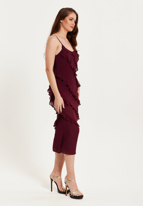 Liquorish Women's Burgundy Sleeveless Chiffon Frill Midi Dress With Diagonal Frill Details And Scoop Back For Effortless Elegance