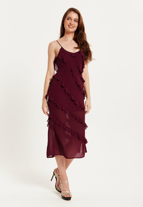 Liquorish Women's Burgundy Sleeveless Chiffon Frill Midi Dress with Diagonal Frill Details and Scoop Back for Effortless Elegance