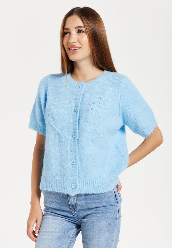 Liquorish Women's Cardigan - Blue Floral Short Sleeve Knit With Button-Down Front Perfect For Layering - Liquorish