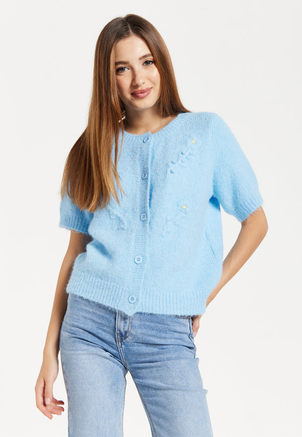 Liquorish Women's Cardigan - Blue Floral Short Sleeve Knit With Button-Down Front Perfect For Layering - Liquorish