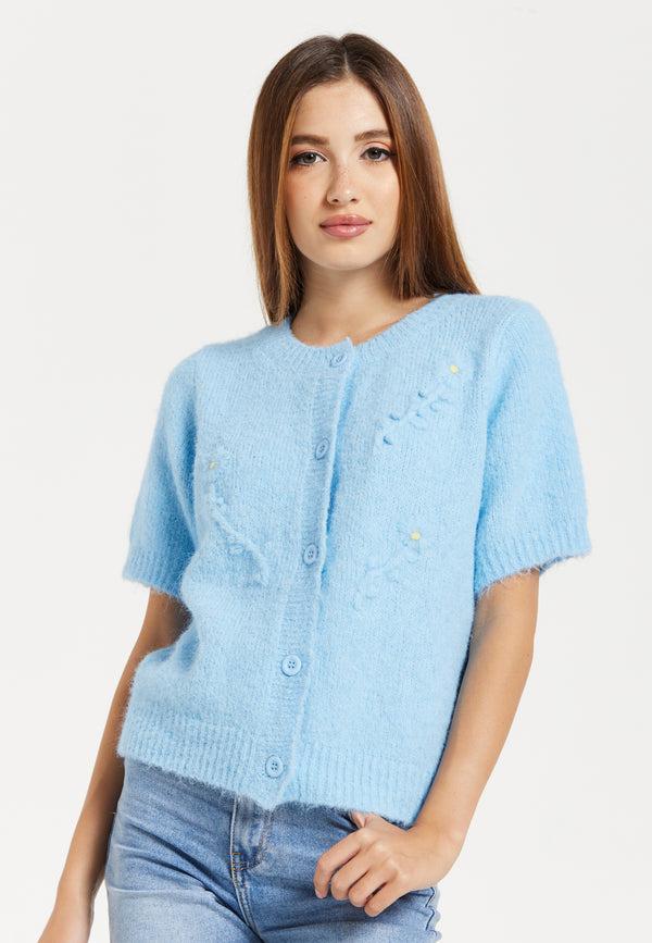 Liquorish Women's Cardigan - Blue Floral Short Sleeve Knit with Button-Down Front Perfect for Layering - Liquorish