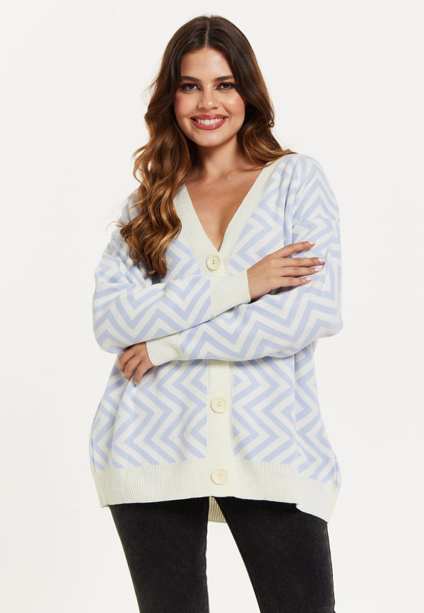 Liquorish Women's Cardigan Blue & White Zig Zag Pattern With Button Closure For Cozy Layering By Liquorish