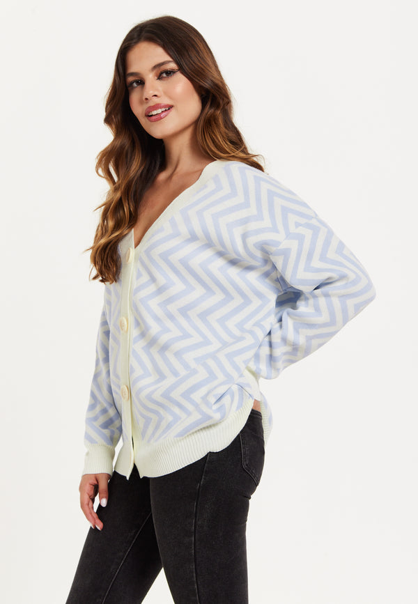 Liquorish Women's Cardigan Blue & White Zig Zag Pattern With Button Closure For Cozy Layering By Liquorish