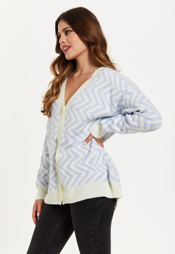 Liquorish Women's Cardigan Blue & White Zig Zag Pattern With Button Closure For Cozy Layering By Liquorish